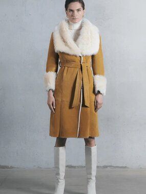 Women’s Suede Leather Shearling Coat in Tan Goatskin